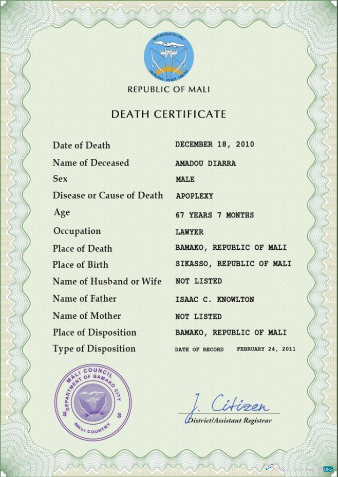 Download Mali death certificate PSD template Photoshop template